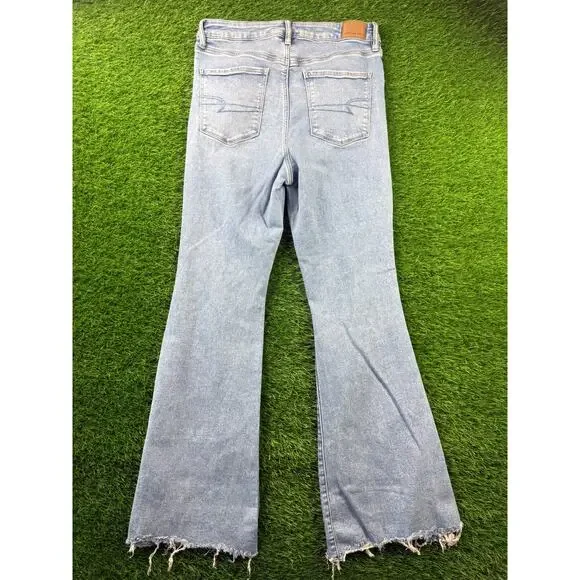 AE Next Level Ripped Super High-Waist Flare Jeans Women's 12 Blue Denim Stretch - Picture 2 of 16